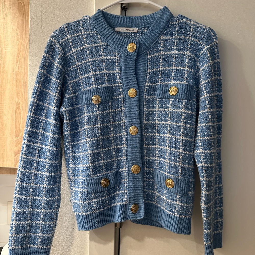 Flavio Castellani Baby Blue Tweed Cardigan with Gold Lion Buttons